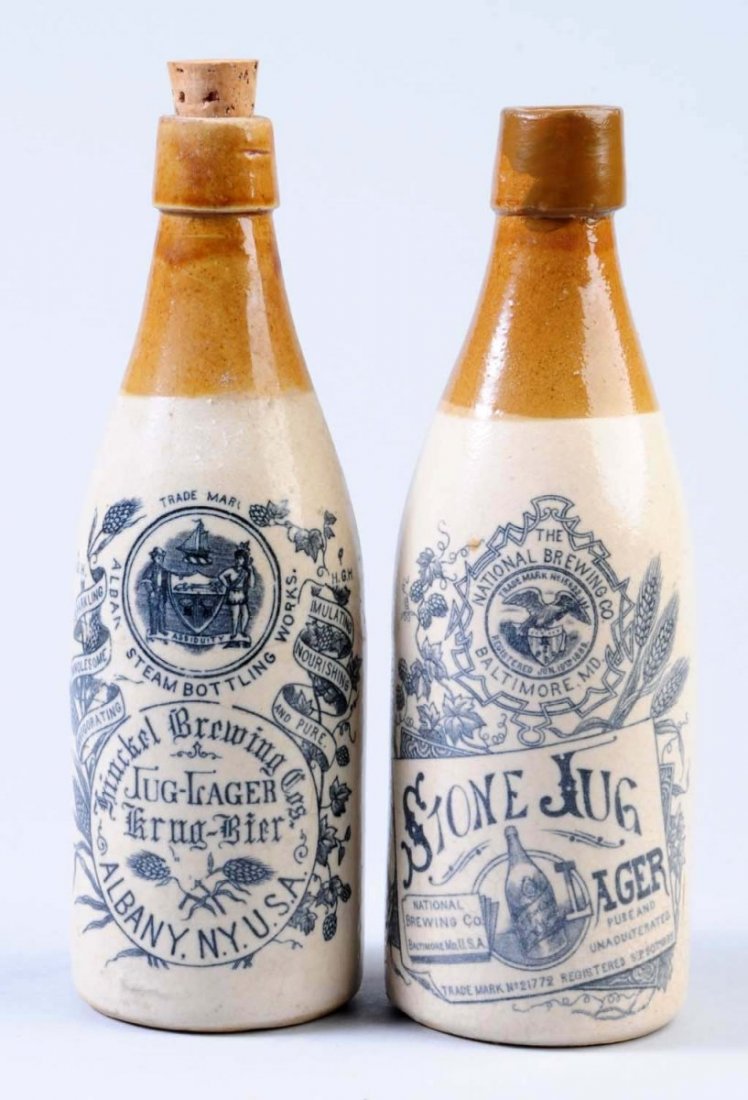 Lot of 2: Highly Decorated Stoneware Beer Bottles: First bottle is marked "Hinckel Brewing Company" Second bottle is marked "National Brewing Company Stone Jug Lager Baltimore, Maryland". Condition (Excellent). Size Largest: 9" T.