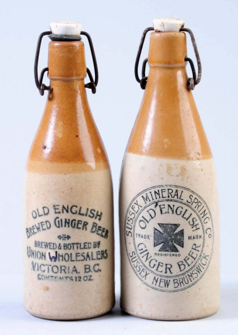 Lot of 2: Stoneware Ginger Beer Bottles.: These two bottles are for Old English Ginger Beer and are from Canada. Condition (Very Good Plus). Size Each: 9" T.