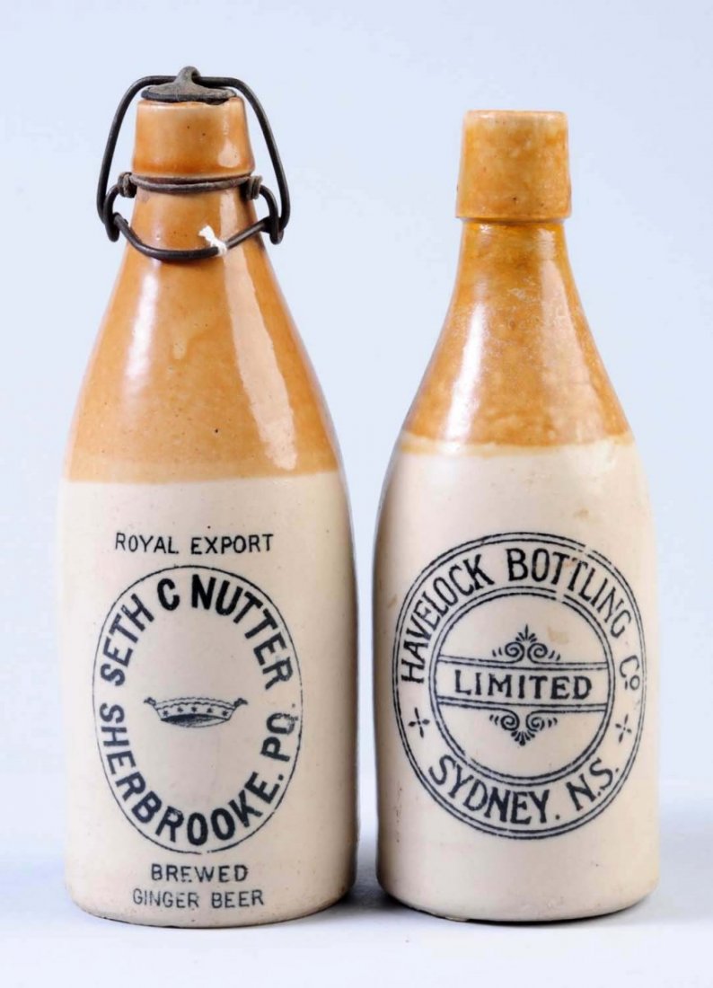 Lot of 2: Stoneware Beverage Bottles.: The first bottle is for Seth C. Nutter Company Brewed Ginger Beer. The second bottle is from the Havelock Bottling Company in Sydney, N.S. Condition (Very Good Plus). Size Each: 8 - 1/4" T.
