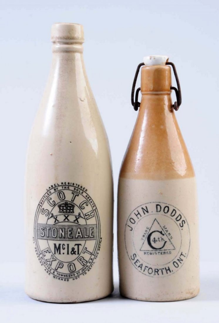 Lot of 2: Stoneware Beverage Bottles.: The first bottle is for Scotch Export Stone Ale. The second bottle is from John Dodds Seaforth, Ontario. Condition (Very Good Plus). Size Largest: 10 - 1/2" T.
