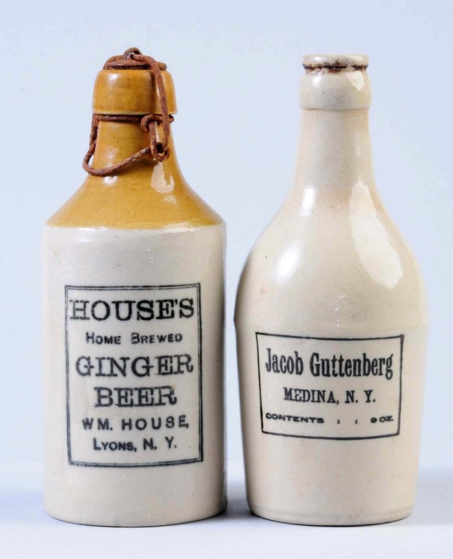 Lot of 2: Stoneware Beverage Bottles.: The first bottle is for House's Ginger Beer from Lyons, NY. This bottle may have had some repair to the base. The second bottle is from Jacob Guttenberg from Medina, NY. Condition (Very Good Plus). Si