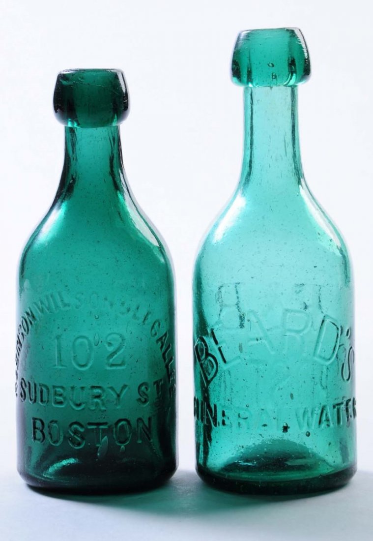 Lot of 2: Early Bottles - Boston, MA.: This lot includes: a turquoise bottle from Robinson, Wilson and Legallee and another turquoise bottle from Beard's mineral water. Condition (Very Good Plus). Size Largest: 7 - 1/4" T.