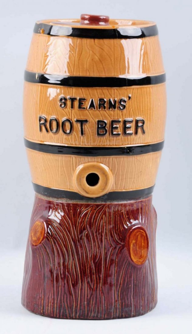 Stearn's Root Beer Syrup Keg Dispenser.: This dispenser is the larger size. There are several hairline cracks with glue repair. The tap is missing and the lid is a replacement. Condition (Good Plus). Size 15" T.