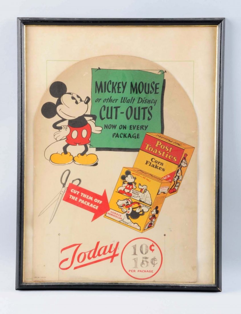 Framed Mickey Mouse Corn Flakes Sign.: This 1940s era Mickey Mouse promo post toasties sign has minor staining, still a very neat piece that would display well. Condition (Very Good). Size 25" x 19".