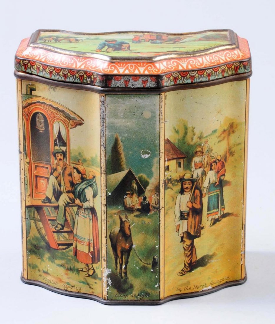 Huntley & Palmer Biscuit Tin.: This biscuit tin depicts assorted gypsies. Just a few tiny nicks. Condition (Very Good Plus). Size 6 - 1/4" T.