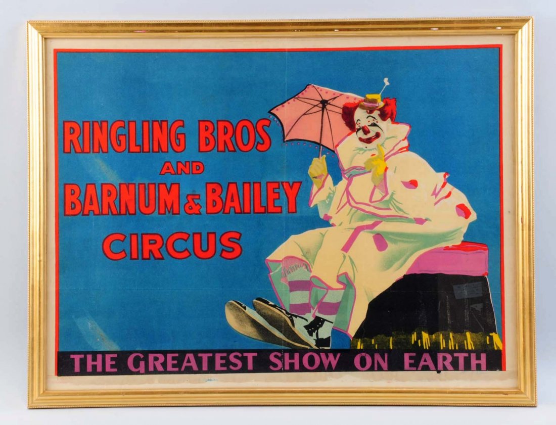 Framed Ringling Bros. and Barnum Circus.: This RBBB circus poster depicts a clown. There is some staining along the bottom edge from where a date strip was attached. A nice image. Condition (Very Good). Size 29 -1/2" x 23" .