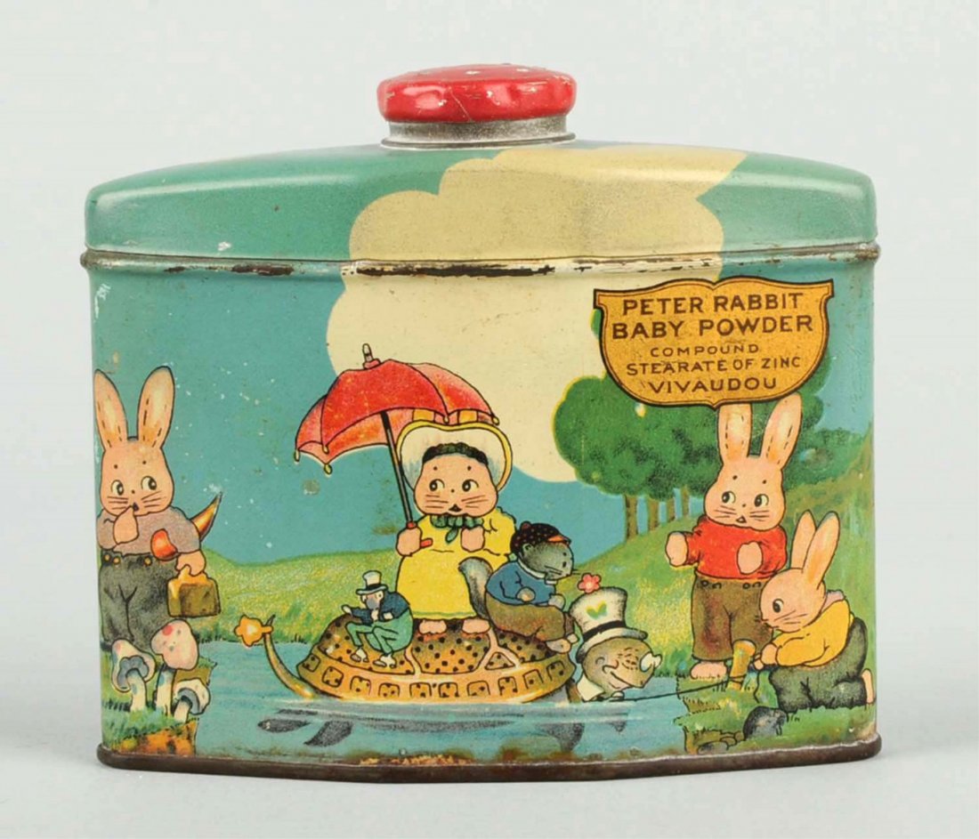 Peter Rabbit Baby Powder Tin.: This adorable tin depicts Peter with family and friends. Minor scrapes around rim, but a very clean image. Condition (Very Good Plus). Size 3 -1/2" L.