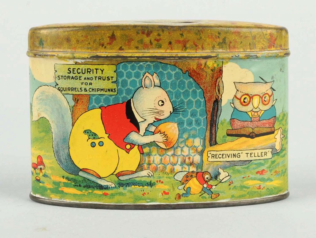 Happy Jack Tin Bank.: This tin bank depicts Happy Jack the squirrel and a few other animals. Fairly clean, but with wear around the coin slot on the lid. Condition (Very Good Plus). Size 3" L.