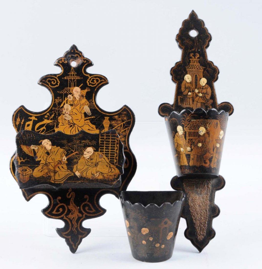 Lot of 3: Wooden Match Holder with Strikers.: All are Oriental scenes. Nicely done. Two are wall mounts. Condition (Excellent). Size Largest: 9" L.