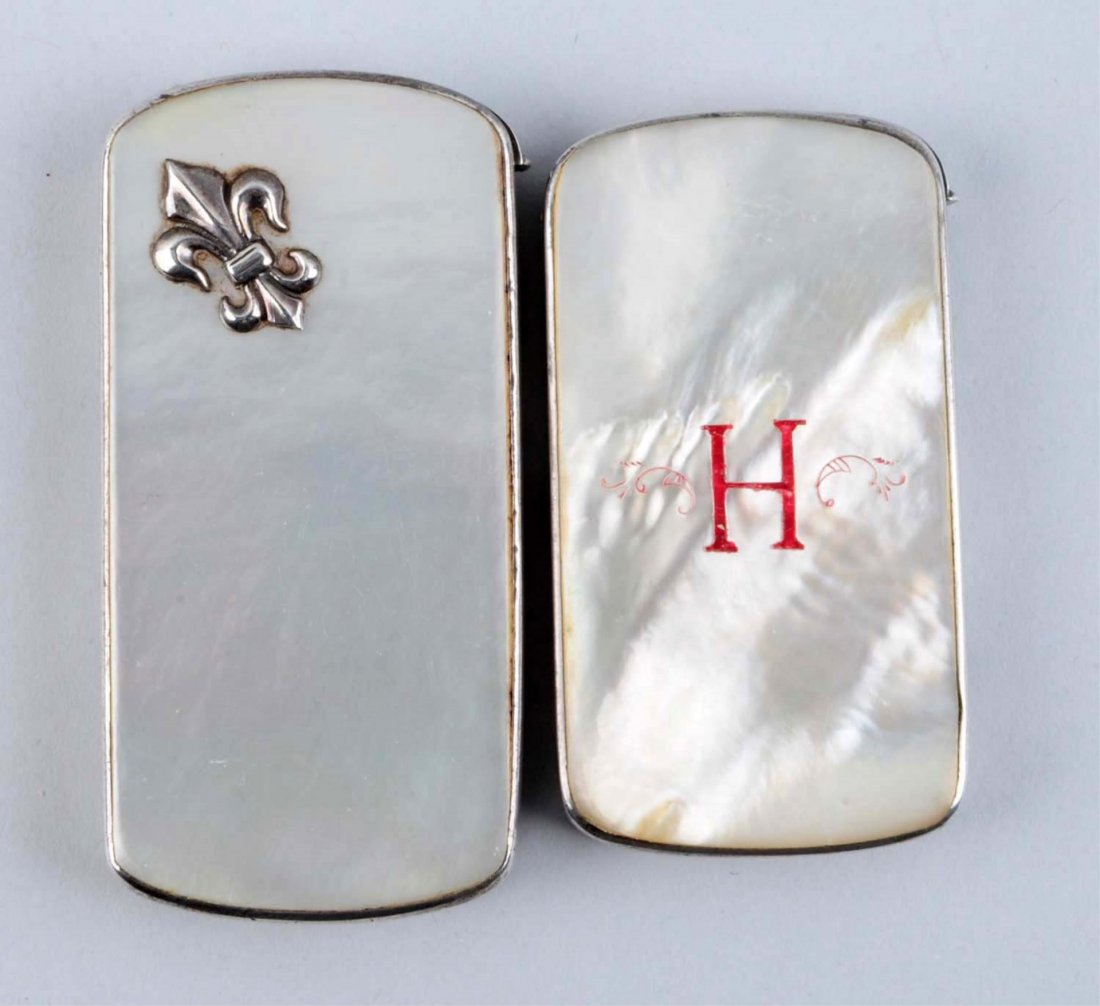 Lot of 2: Match Safe Vestas.: Sterling silver and mother of pearl. Both by Webster Co. No cracks to mother of pearl. Strong hinges. Condition (Excellent). Size Largest: 3" L.
