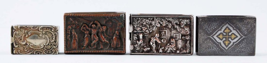 Lot of 4: Assorted Match Box Holders.: One marked Bornhofen with dancing ladies, one is heavily embossed with an ornate outdoor scene, one is advertising Premier Old Scotch Whiskey - London and one is inlaid brass with no damage. Condition