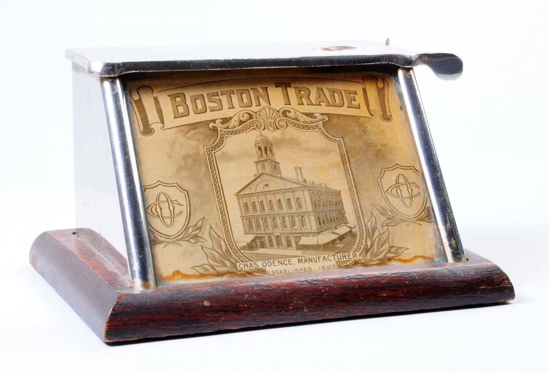 Boston Trade Countertop Cigar Cutter.: This Boston Trade cutter has some staining along the bottom of the image. Otherwise it is a very nice cutter. Condition (Very Good Plus). Size 4 - 3/4" T.