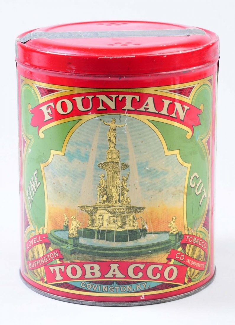 Fountain Tobacco Tin.: This Fountain tobacco tin has only a few tin nicks and scratches. Condition (Excellent). Size 6 - 1/4" T.
