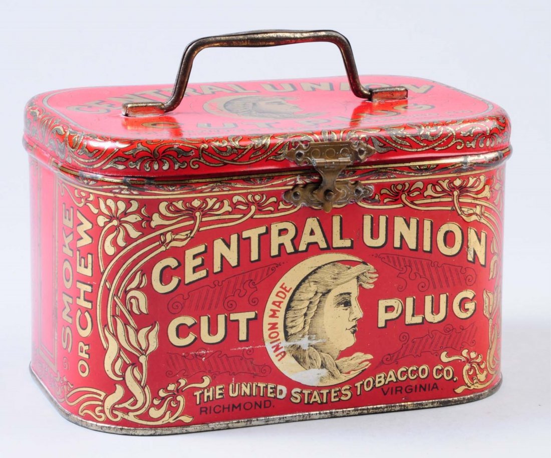 Central Union Cut Plug Tobacco Tin.: This Central Union tin has a small scratch and rubbing area on the front. Very nice otherwise. Condition (Very Good Plus). Size 4 - 1/2" T.