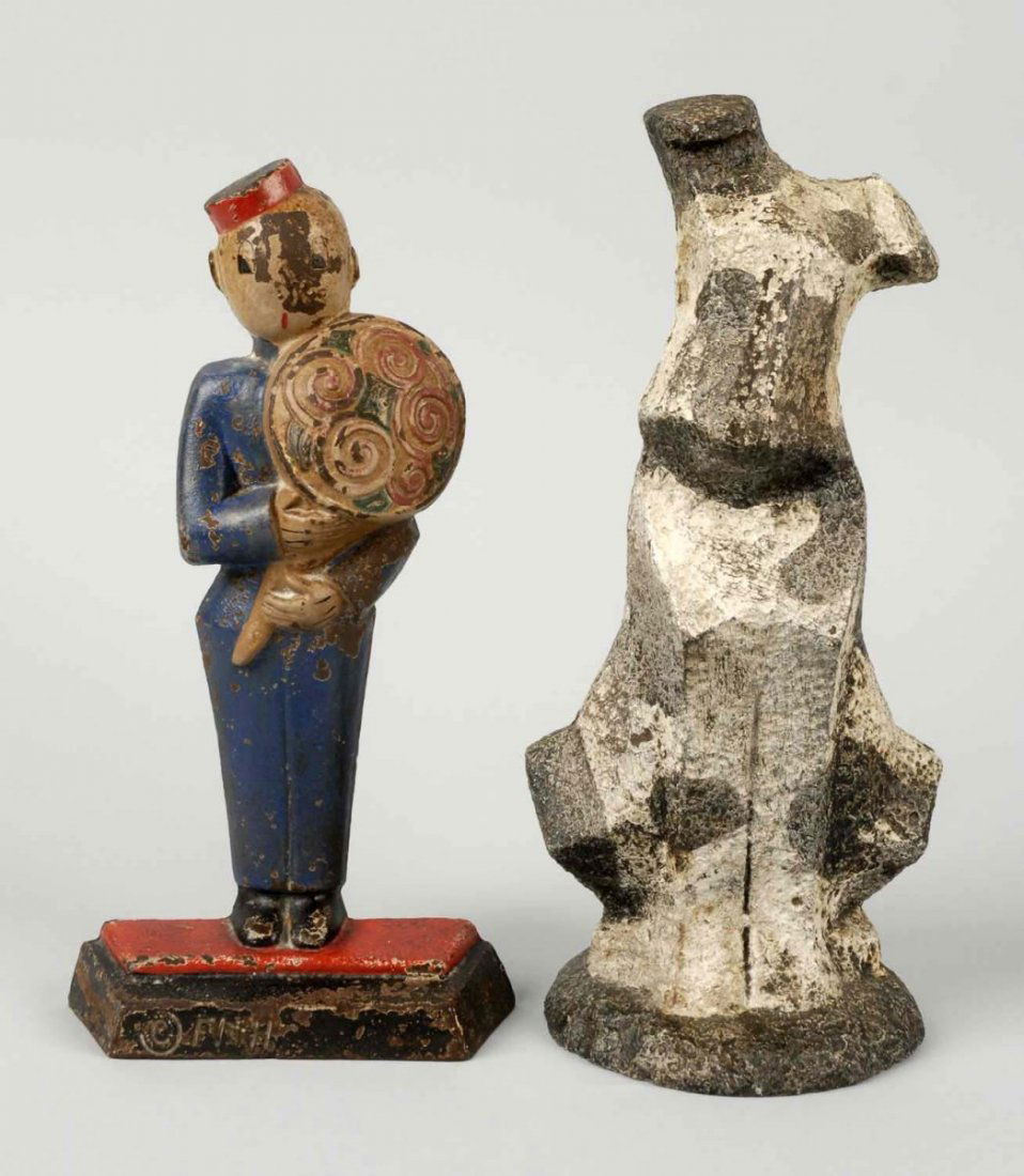 Lot of 2: Cast Iron Messenger Boy & Modernist Dog: Both are doorstops. Modernistic Scottie – Hubley, cat. #316; Messenger Boy – Hubley, © Fish, 249. Condition (Good). Size Largest : 11" L.