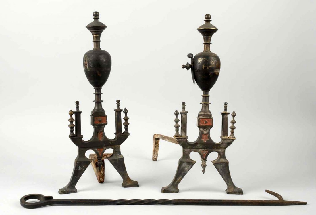 Lot of 2: Brass Andirons and Iron Poker.: One andiron missing decoration. Condition (Good). Size Tallest: 17 - 1/2" T.