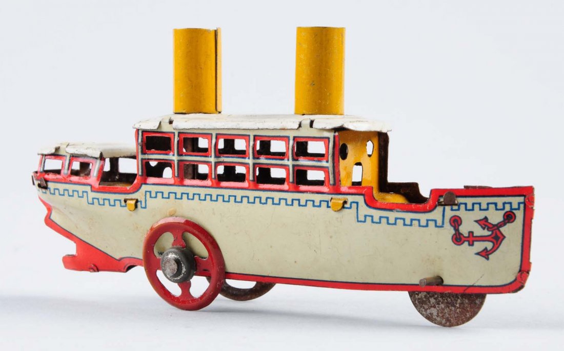 German Tin Steamboat with Wheels Penny Toy.: There are a couple minor litho scratches throughout. Condition (Excellent). Size 4 -1/2" L.