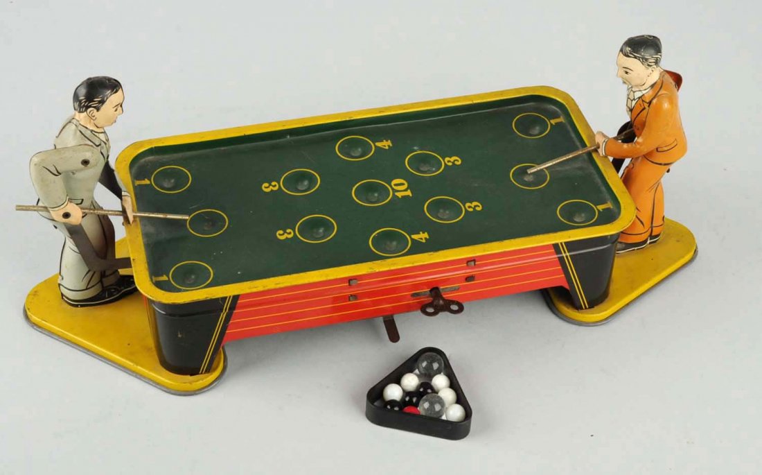 Ranger Tin Wind-Up Pool Playing.: Includes tin pool and two players. There are some scratches to the litho of the edges. Players includes their pool sticks and have slight oxidation. Condition (Very Good - Excellent). Size 14" L.