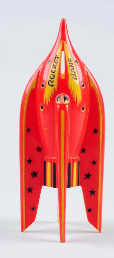 Plastic Rocket Bank.: Bank is missing bottom part. Colored in bright colors. marked "Rocket Bank". Condition (Good - Very Good). Size 10 -1/2" L.
