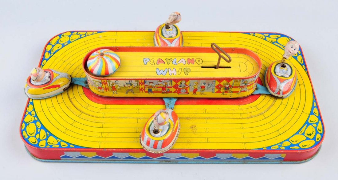 Tin Wind - Up Playland Whip.: Toy has some significant litho scratches and loss. Also has some oxidation. Toy has nice litho colors. Side panel has colorful graphics of various scenes from amusement park. Comes with four tin cars