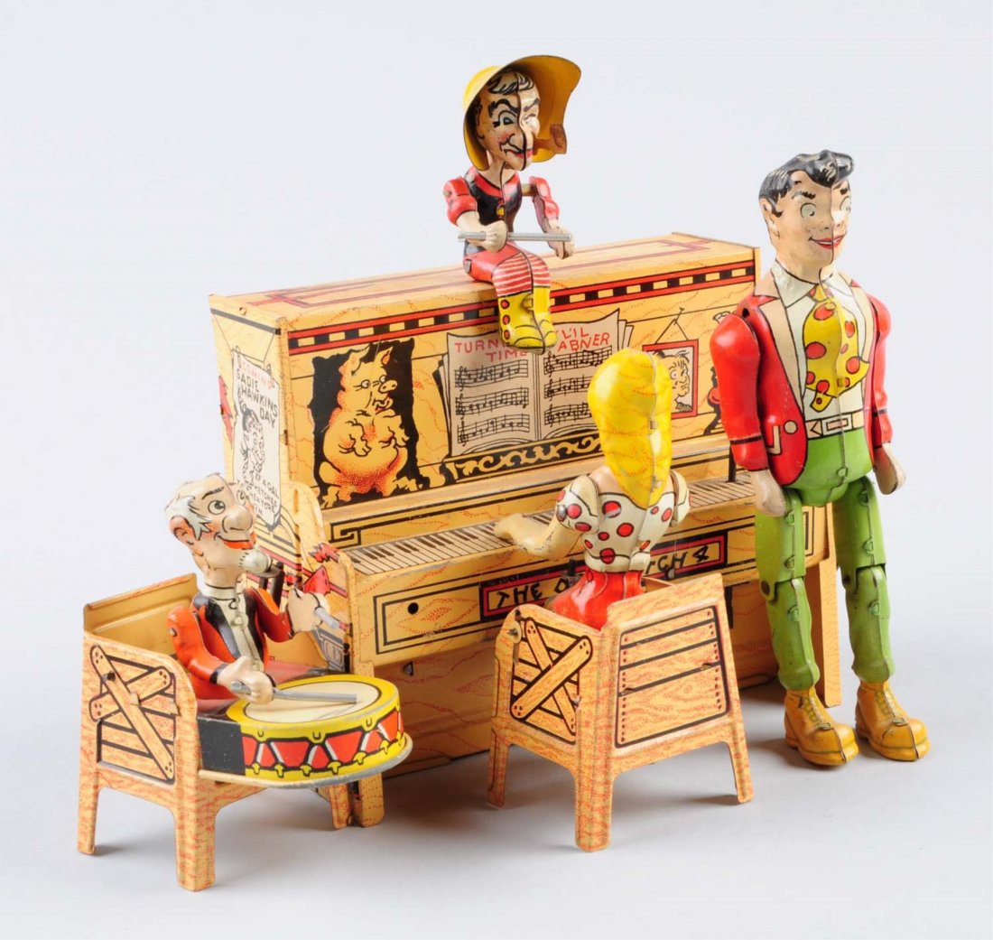 Tin Wind - Up The Dog Patch 4.: Has litho scratches throughout, otherwise seems to be complete. Includes: Piano player, Singer, Drummer and a person sitting on the piano. Condition (Very Good - Excellent). Size 9" L.