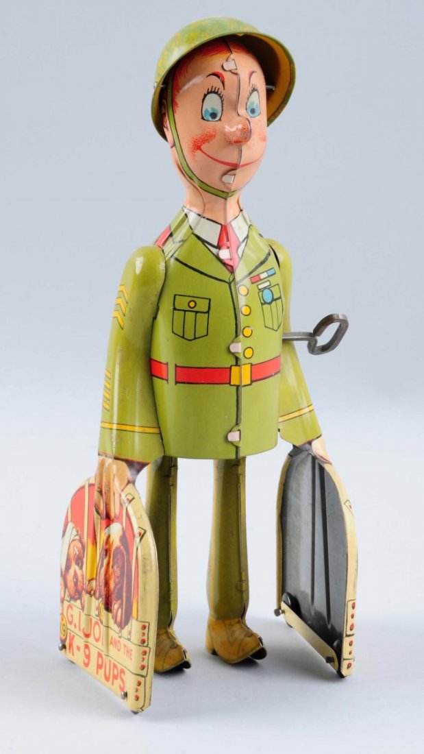 Unique Art Tin Wind-Up GI Joe & K-9 Pups.: Toy has very minor scratches to some small areas, but is otherwise very clean. Includes wind-up key. Condition (Excellent - Near Mint). Size 9" L.