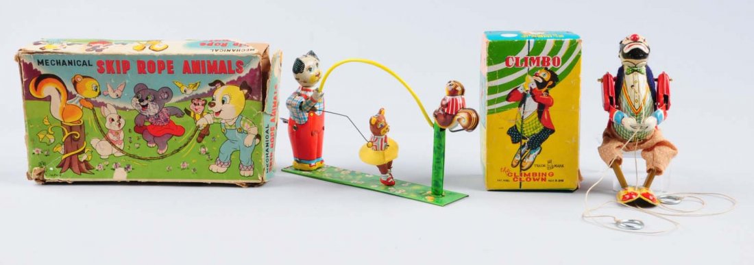 Lot of 2: Tin Japanese Toys.: Includes original boxes. First one is called "Mechanical Skip Rope Animals" the second one is "The Climbing Clown". Both toys made by TPS. The skip rope animals toy is in good condition, very minor sc