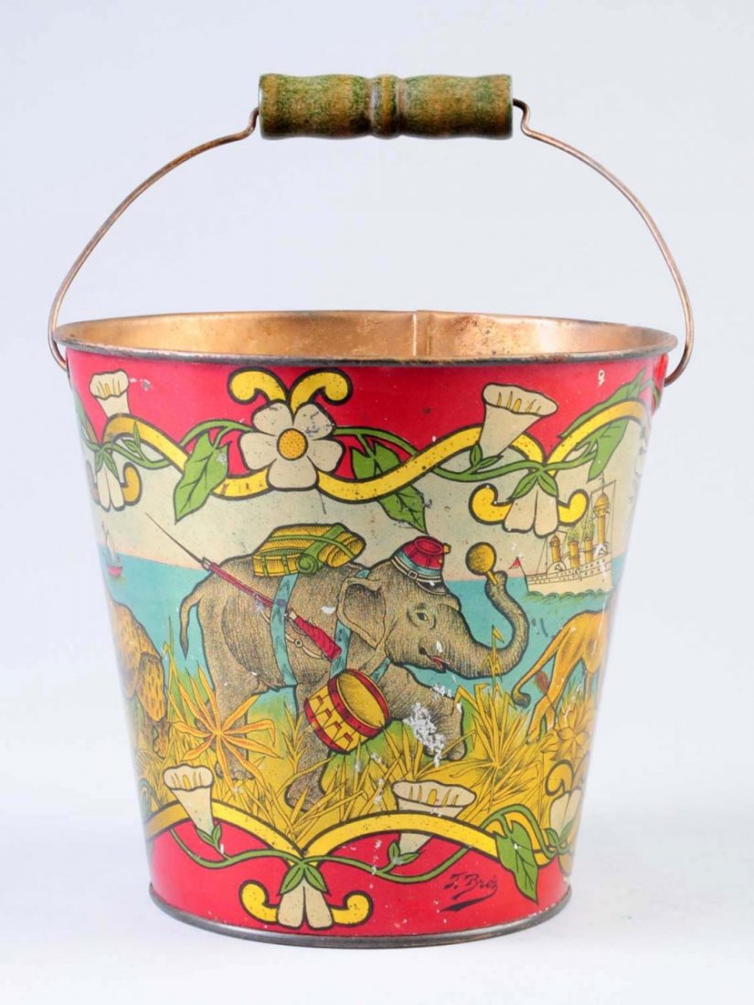 Tin Pail.: Some litho scratches overall. Depicts boats in the ocean and animals walking on the beach. Includes its handle. Condition (Very Good - Excellent). Size 6" L.