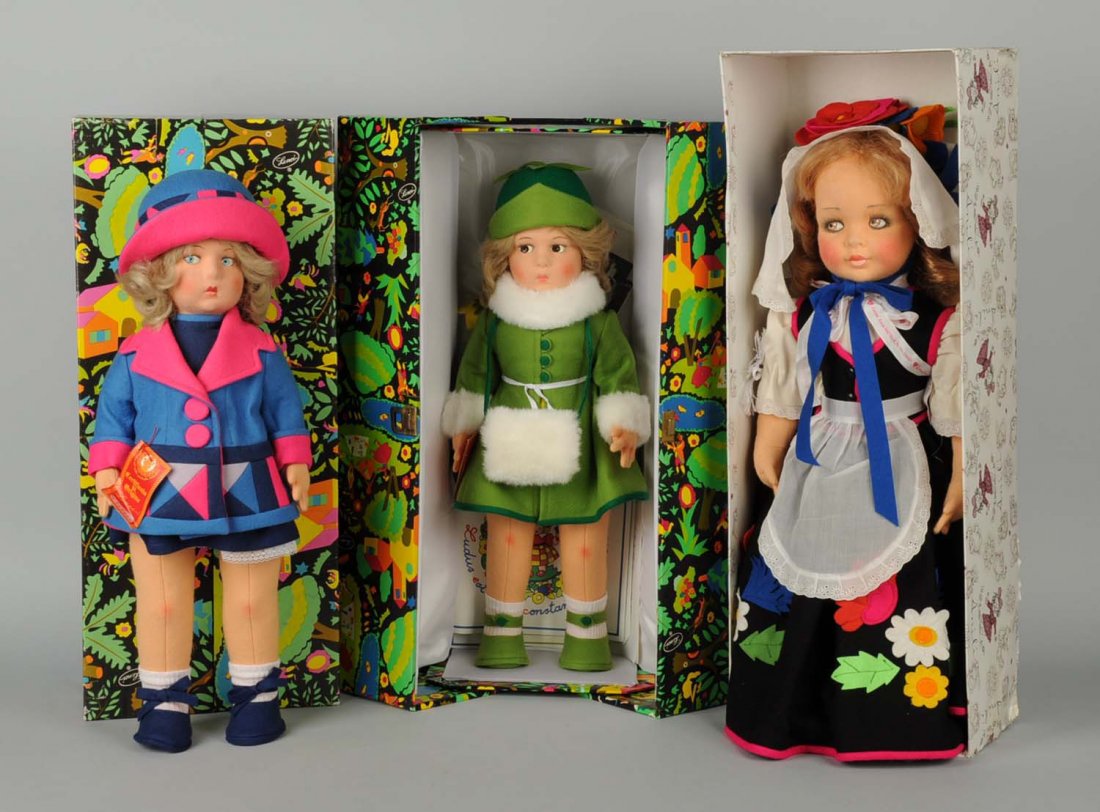 Lot of 3: Mint-In-Box Cloth Italian Dolls.: Two are Lenci and one Anili. All are marked, boxed and mint. All sweet girls are dressed in felt. Condition (Mint). Size Largest: 22" T.