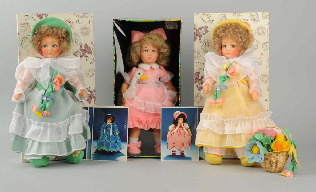 Lot of 3: Mint-In-Box Italian Cloth Dolls.: Two are "Anili" and other is Lenci. Really sweet little girls. Condition (Mint). Size Largest: 15" T.