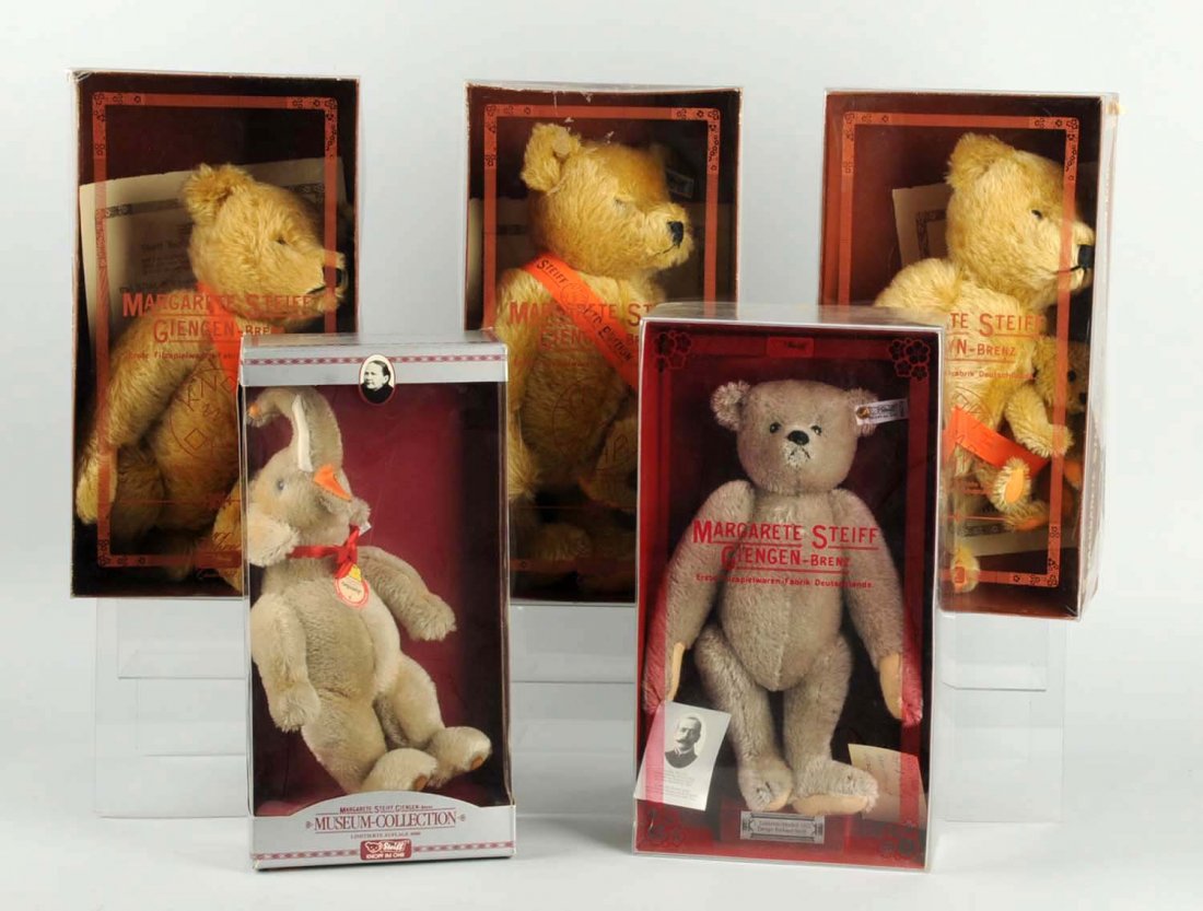 Lot of 5: Mint-In-Box Steiff Animals.: All are marked, boxed and mint. Includes an elephant and four bears. Condition (Mint). Size Largest: 14" T.