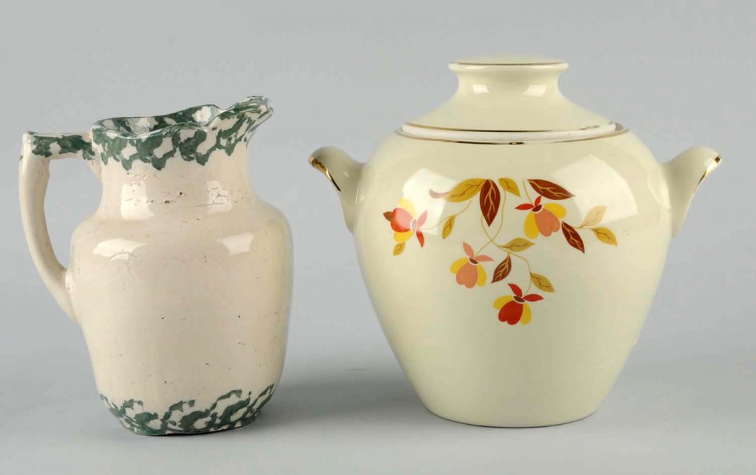 Lot of 2: Ceramic Pieces.: Lot includes a Jewel Tea "Big Ear" cookie jar and an early stoneware pitcher. No damage to either piece. Condition (Excellent). Size Largest : 9" T.