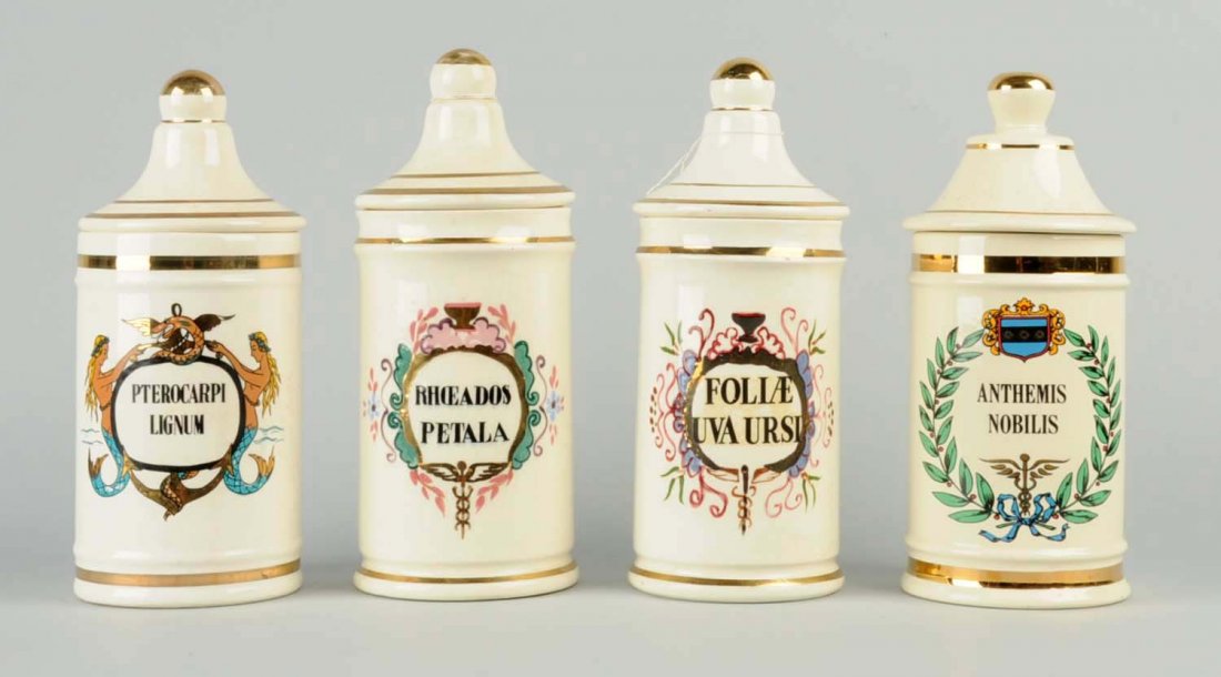 Lot of 4: Pharmacy/Apothecary Jars.: One with lid chip. Condition (Excellent). Size Each: 11 - 1/2" T.