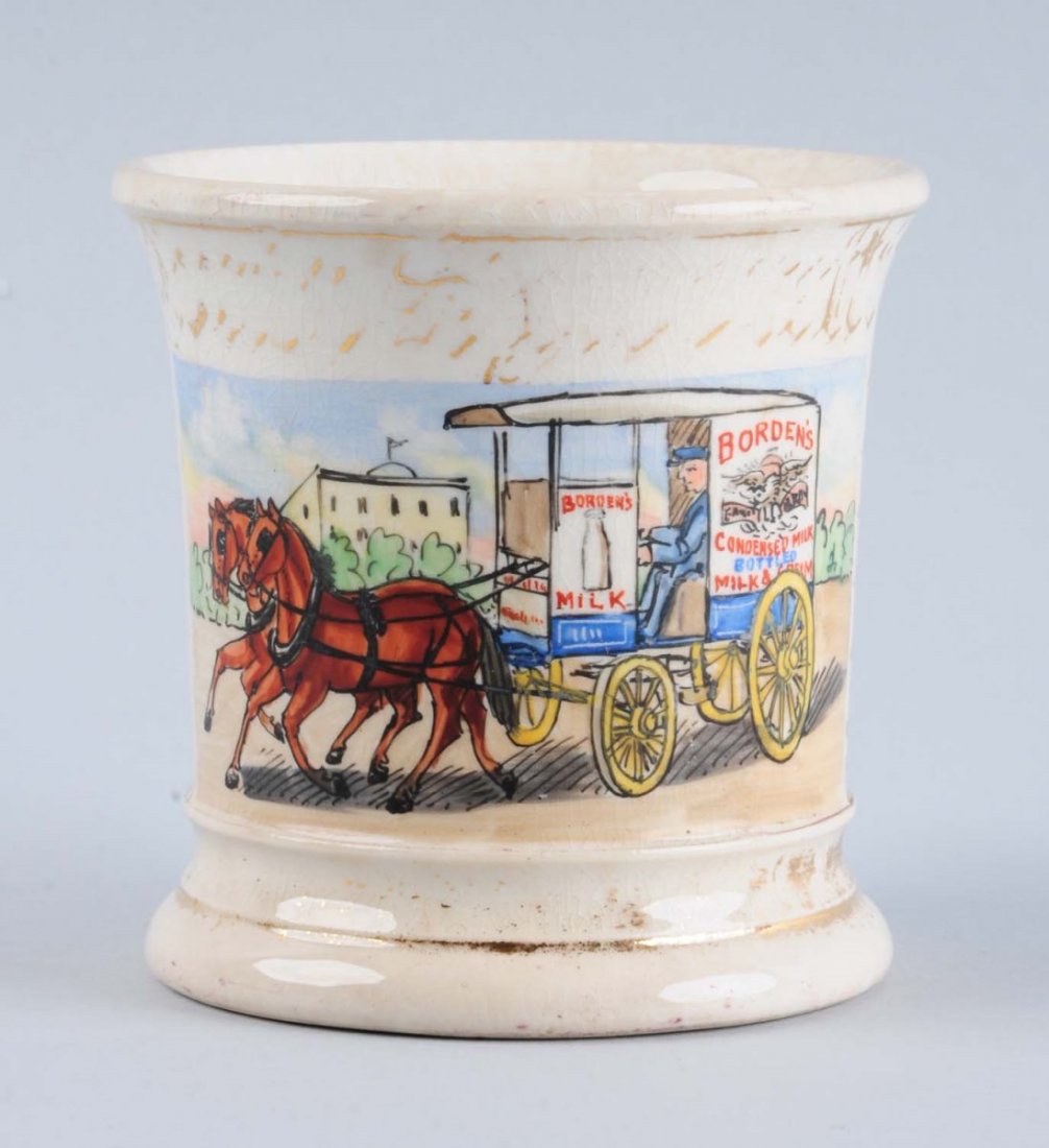 Barber Shaving Mug of Borden's Milk Wagon.: The name is mostly rubbed off. There is crazing to the bottom of the mug but no chips. Signed "Dresden China". Condition (Excellent).