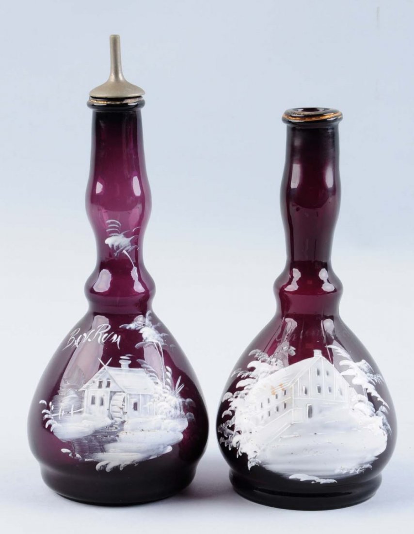 Lot of 2: Vintage Barber Bottles.: Lot includes: Mary Gregory glass with hand painted Both with rough pontil. One with stopper. No damages or repairs. Condition (Excellent). Size Largest: 9 - 1/2" T.
