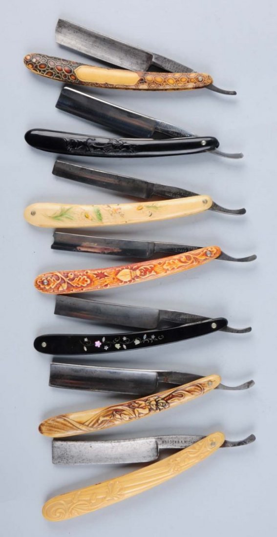 Lot of 7: Celluloid Razors Nature.: Lot includes: an A.F Bannister & Co. straight razor with high relief work on handle depicting a beetle and oak leaves, handle contains full color of red; a German straight razor with art nouveau handl