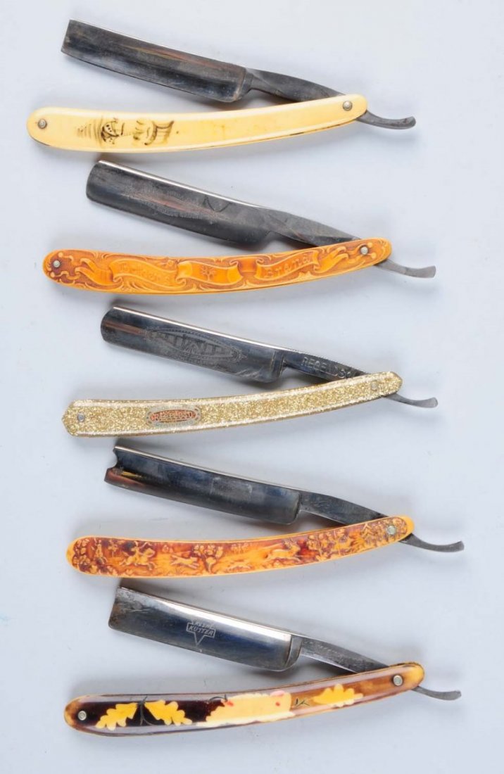 Lot of 5: Celluloid Razors.: Circa 1890s-1925. Group of five straight razors both domestic and foreign. Handles are depicting various themes and designs. Made by W.H. Morley & Sons, Engels Sweeden, H. Boker & Co., Keen Kutter and