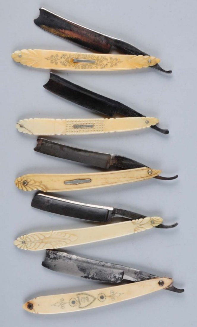 Lot of 5: Ivory Razors.: Lot includes: a Kendall & Son carved ivory handled straight razor. Front scale has penning around escutcheon. There is a crack by back handle pin. Plain blade, circa mid 19th century; a Marshes & Shep