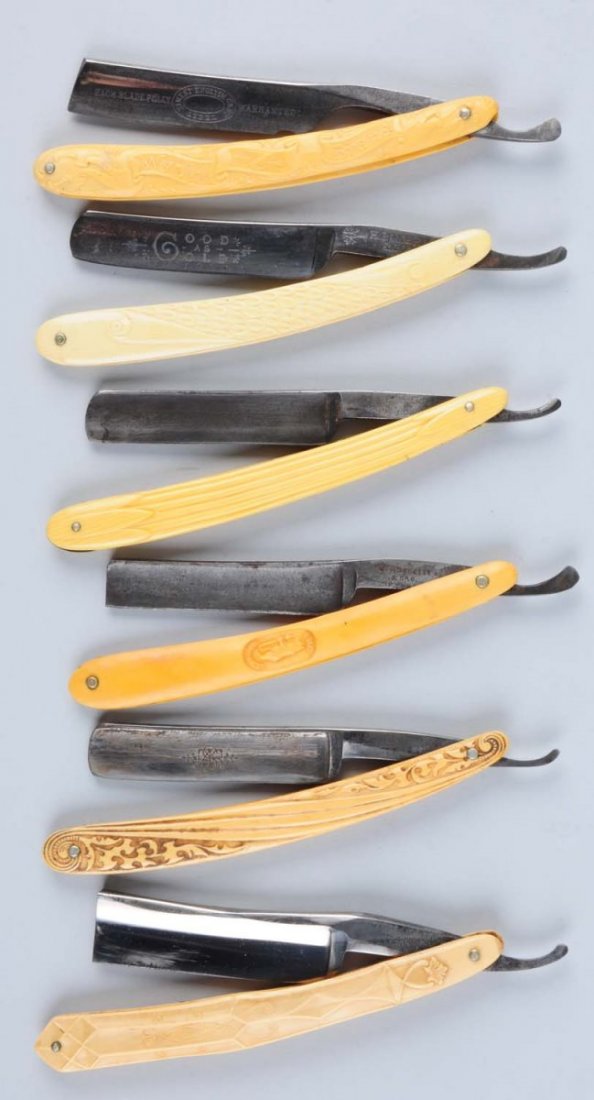 Lot of 6: Celluloid Razors.: Group of six straight razors handled in high relief yellow celluloid depicting various decorations. Made by H. Boker & Co, J.R. Torrey Co., Wade & Butcher, and others. Circa 1890 to 1920. Condition (G