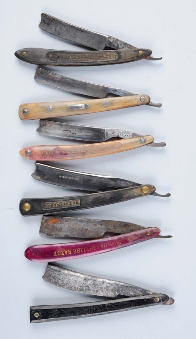 Lot of 6: Pressed Horn Razors.: Framed lot of six early straight razors. Three have pressed manufacturers marks or locations. Razors made by Roberts Superior Temper, G. Johnson, Wade & Butcher, and Clark & Hall. One razor is not ori