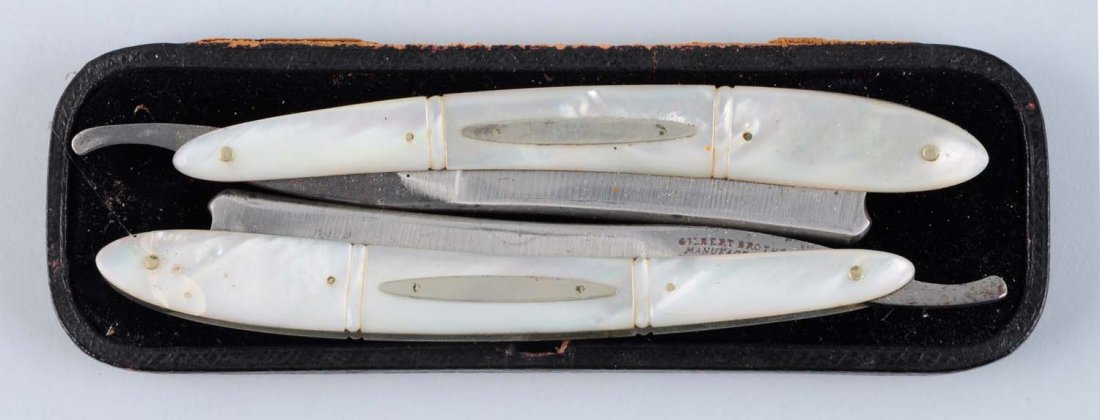 Gilbert Bros. Manufacturers Pair of Razors.: Pair of Mother of Pearl sectioned handled razors. One razor has a crack on its front scale by rear pin. Circa 1830. Condition (Near Mint).