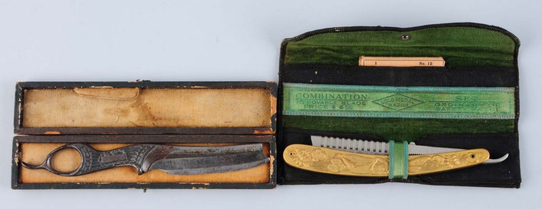 Lot of 2: Razors with Cases.: Includes a R. Heinisch circa 1850s non folding frame back razor. Handle is decorated iron. Handle has finger hole similar to half a scissors blade. Second is a gold medal razor Baker & Eddy Sts. Provi