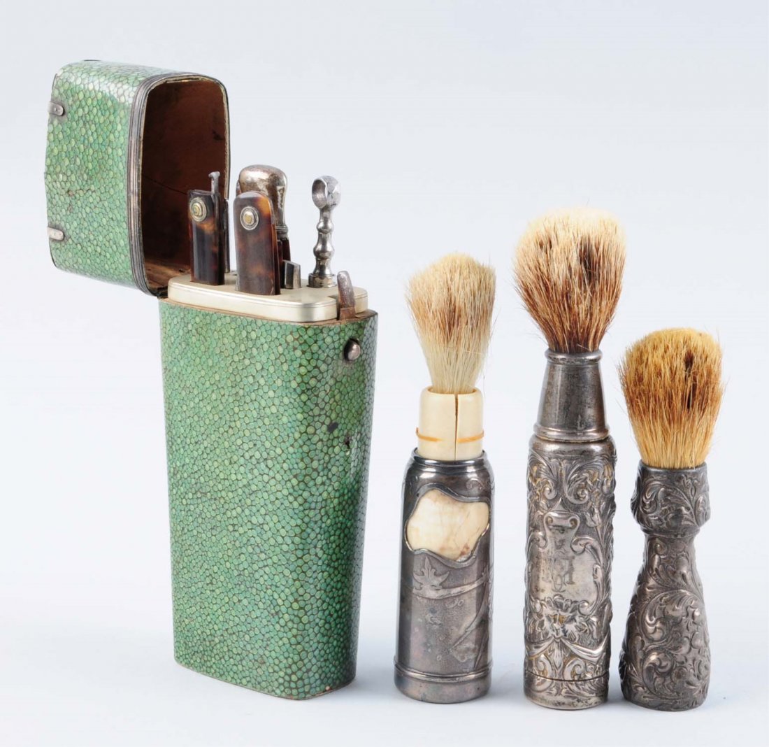 Shark Skin Etui with 3 Sterling Barber Brushes.: Complete six piece "Etui" in shagreen fitted case. Top of case has sterling escutcheon. Bottom of case has damage from improper insertion. Damage can be easily repaired, loose piece of shagreen is inc