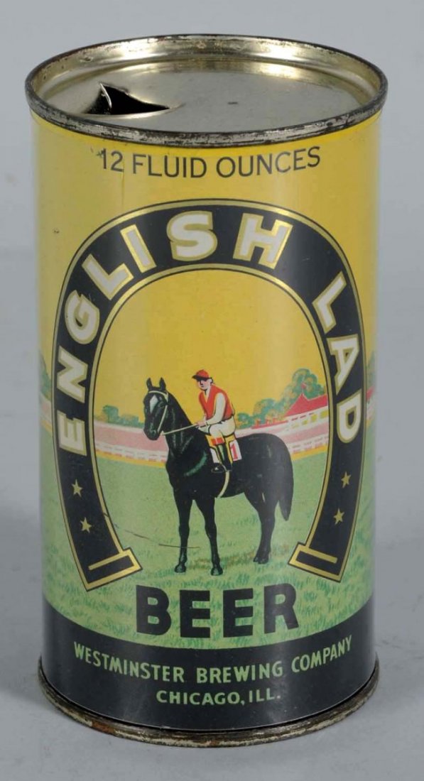 English Lad Beer Flat Top Can: This can is extremely rare in this condition. It has beautiful graphics throughout and opening instructions on back side. There is some light paint scratching to the right of the 'H' in "English", to 