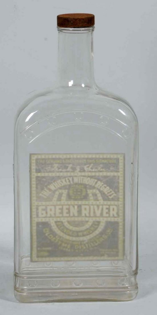 Green River Whiskey Display Bottle.: Scarce store display. Glass bottle with 3 sided embossed glass and original screw cap; replica label affixed to front. Condition (Excellent Plus). Size 19 - 1/4" T.