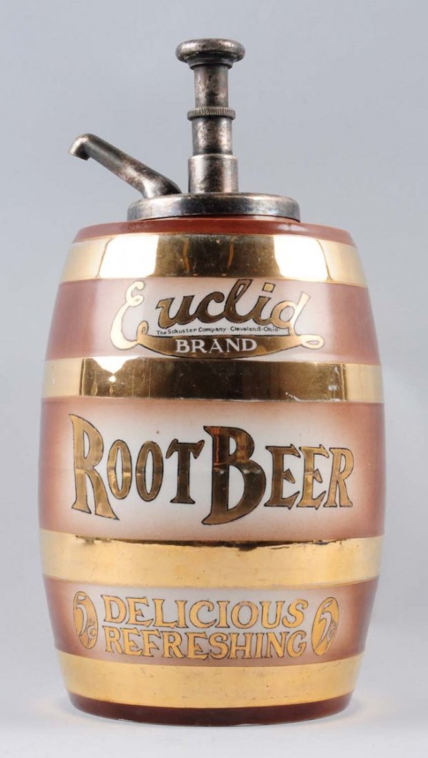 Root Beer Ceramic Syrup Dispenser.: The Schuster Co., Cleveland and not commonly found. Strong , with very little wear! Pump marked lemon and not original, but fits well. Condition (Near Mint). Size 15 - 1/2" T.