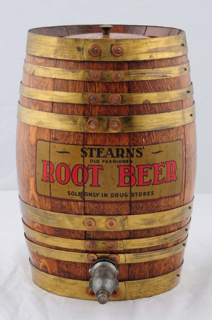 Steams Root Beer Oak Display Dispenser.: Not designed to function but a point of sale ad display piece. With brass trim bands, some light wear, and a short wooden strip crack. Condition (Excellent). Size 12 - 1/2" T.