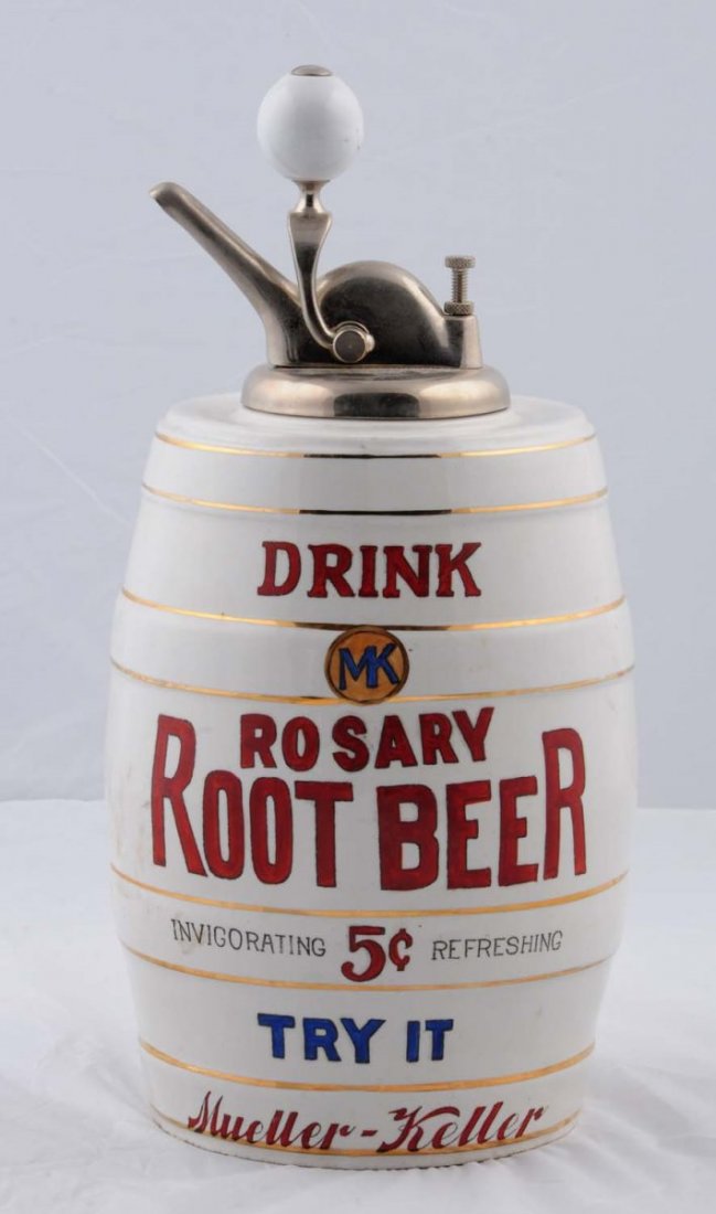 Rosary Root Beer Syrup Dispenser.: The ball pump is a reproduction. The dispenser is strong and sound with minimal gold band wear and light soiling. Condition (Near Mint). Size 16 - 1/2" T.