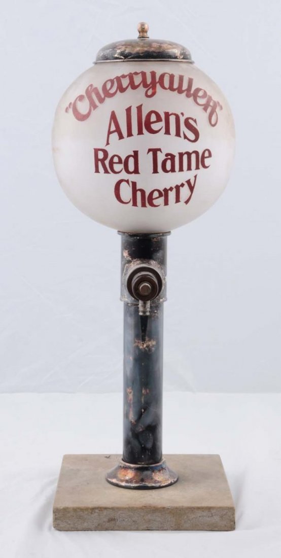 Early Cherry Allen Pedestal Syrup Dispenser.: Great example with just light soiling, tarnish, and minimal wear. Condition (Excellent). Size 21" T.