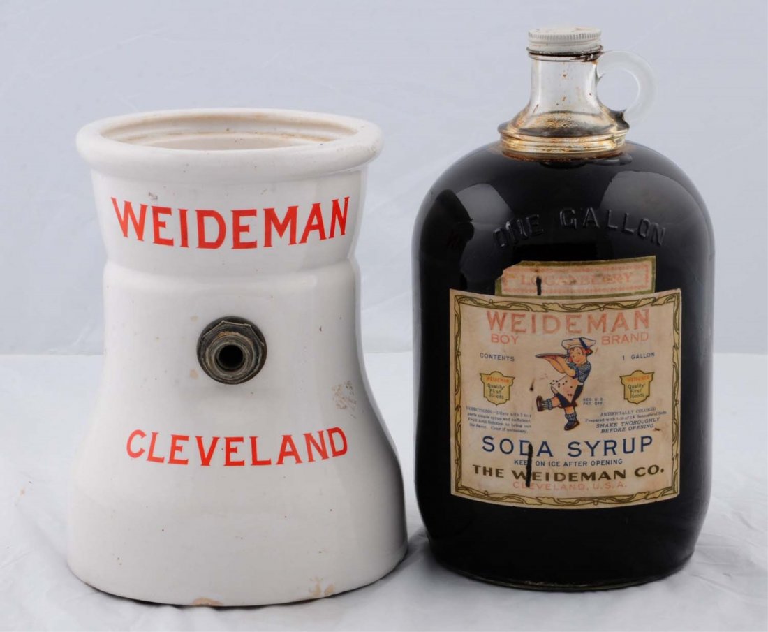 Weidman Syrup Jug & Dispenser Base.: The jug is full with clear coating on the label. The base is missing the push button tap. Condition (Excellent). Size Largest: 12" T.